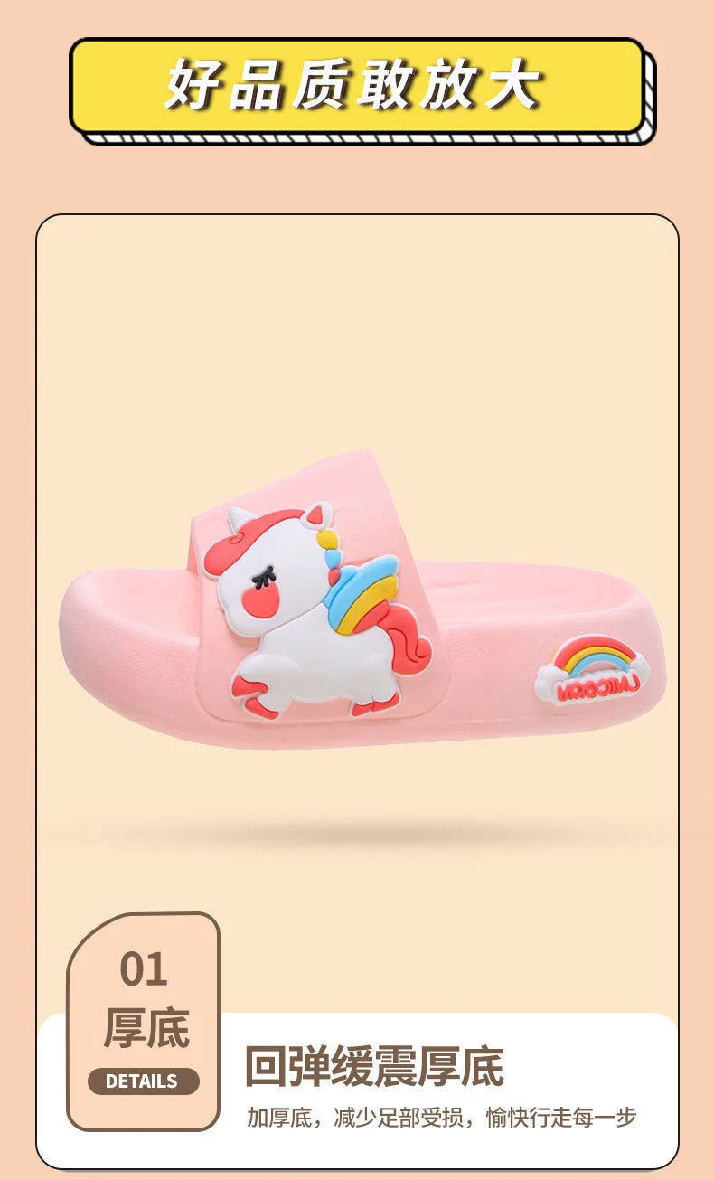 Summer Kids Home Shoes Flip Flops Baby Girls Slippers for Children Cartoon Unicorn Bathroom Antislip Thick Sole Slides 2-8 Years