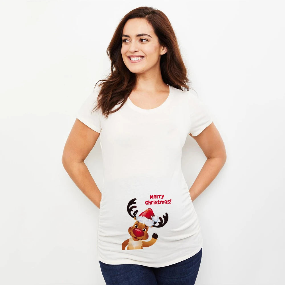 Merry Christmas Cartoon Print Maternity T-shirt Xmas Casual Pregnant Women Reindeer Graphic T Shirt Pregnancy Announcement Tees