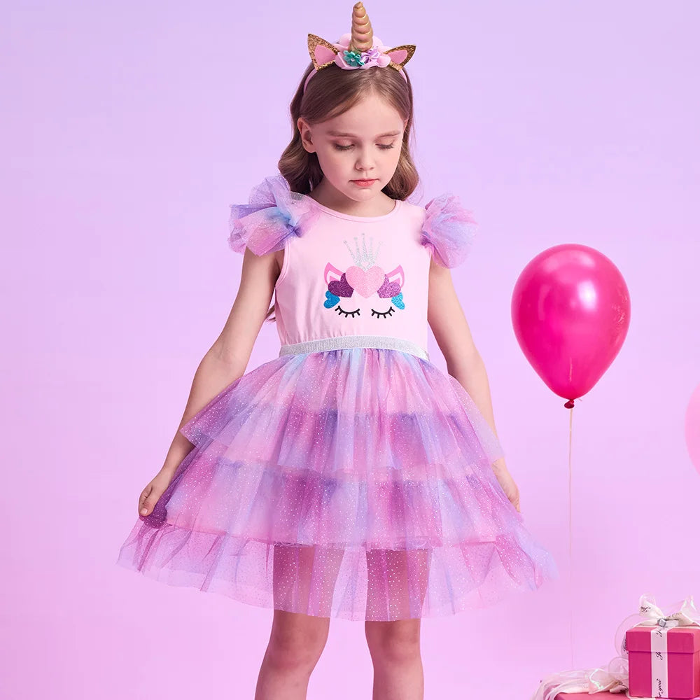 VIKITA Girls Unicorn Print Cartoon Dress Kids Summer Flare Sleeve Dresses Girls Layered Mesh Tulle Tutu Party Dress Kids Clothes