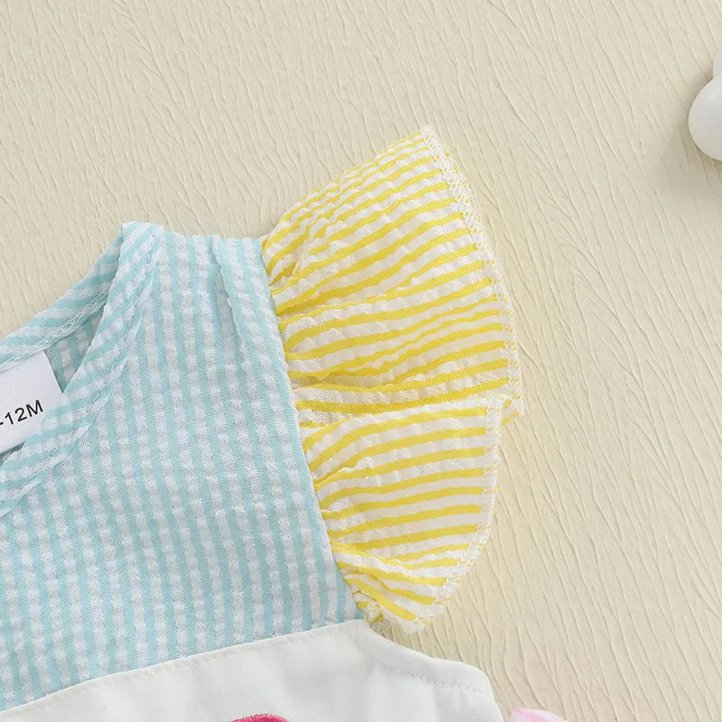 Adorable Infant Girl Sleeveless Dress with Cute Bow Accents Embroidered Letters Striped Design and Ruffled Trim