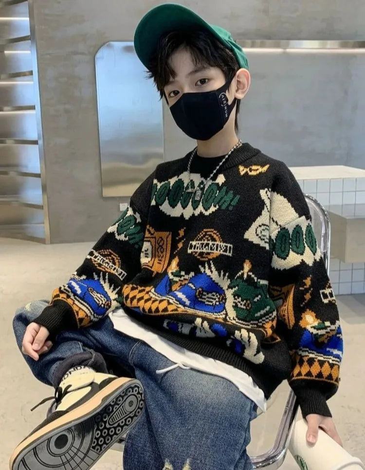 2025 New Boys' Autumn/Winter Fleece-Lined Thickened Pullover Knit Sweater - Warm Base Layer for Kids, Trendy & Cozy Design