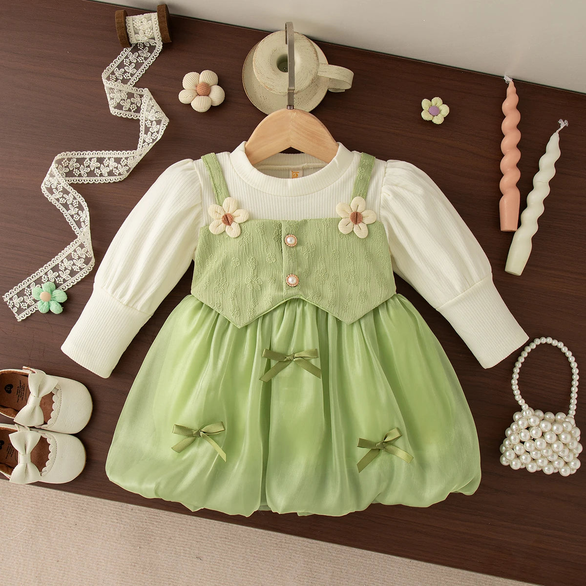 Spring And Autumn New Fake Two Piece Long Sleeve Baby Girl Dress, Sweet Bow Children'S Clothing For Babies Aged 0-3 Years