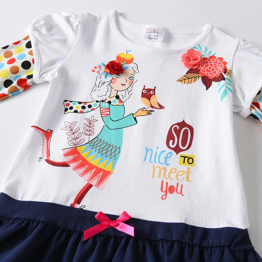 DXTON Girls Cotton Casual Long Sleeve Dresses Autumn Spring Children Polk Dot Cartoon Print Clothes Kids Patchwork Frocks Dress