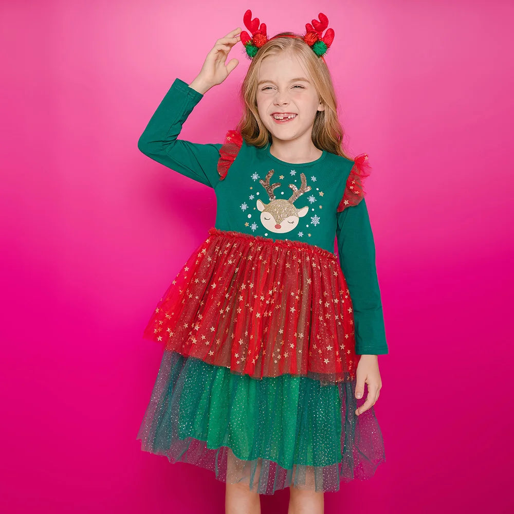 VIKITA Girls Christmas New Year Dresses Kids Elk Snowflakes Print Long Sleeve Autumn Winter Princess Cute Fashion Dress 3-12 Yrs