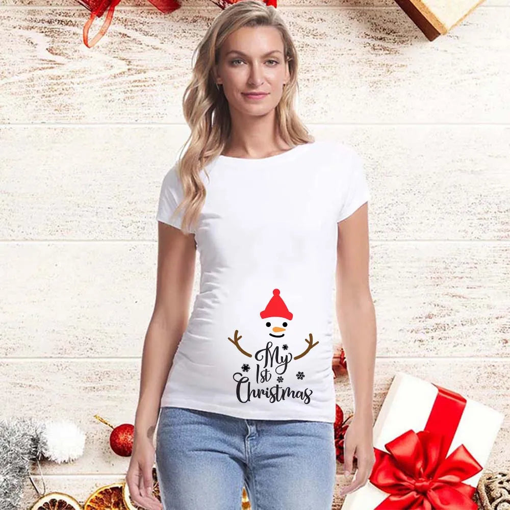 Best Gift 2025 Merry Christmas Maternity T-shirts It's My First Christmas Funny Print Pregnancy Anouncement Tops Tee Shirts