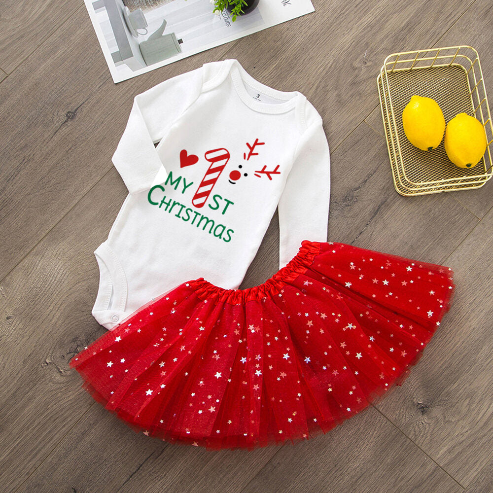 My 1St Christmas Baby Bodysuit Cake Dresses Set Infant Girls Long Sleeve Playsuit Tutu Skirts Clothes Toddler Xmas Party Outfits