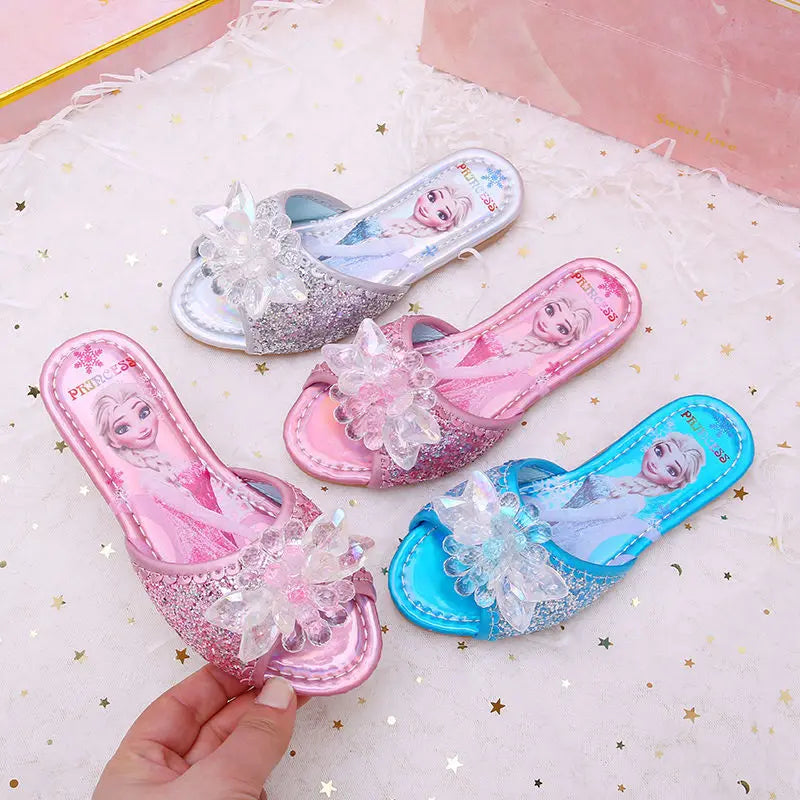 Disney Children's Sandals Frozen Slippers Fashion Elsa Princess Shoes Crystal Flowers Non-slip Blue Pink Silver Girls' Sandals