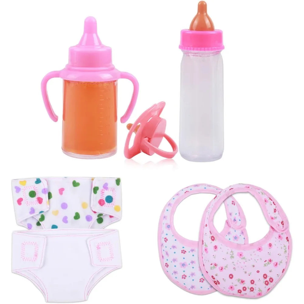 Baby Doll Accessories Set 7PCS Feeding & Caring Set with Magic Bottles Pacifier Diapers Bibs Doll Pretend Play Gift for Kids