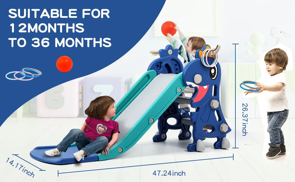 Dinosaur Slide Kids Toddler Indoor Slide Playset Indoor  Outdoor Playground Toddler Climber Playset with Basketball Hoop
