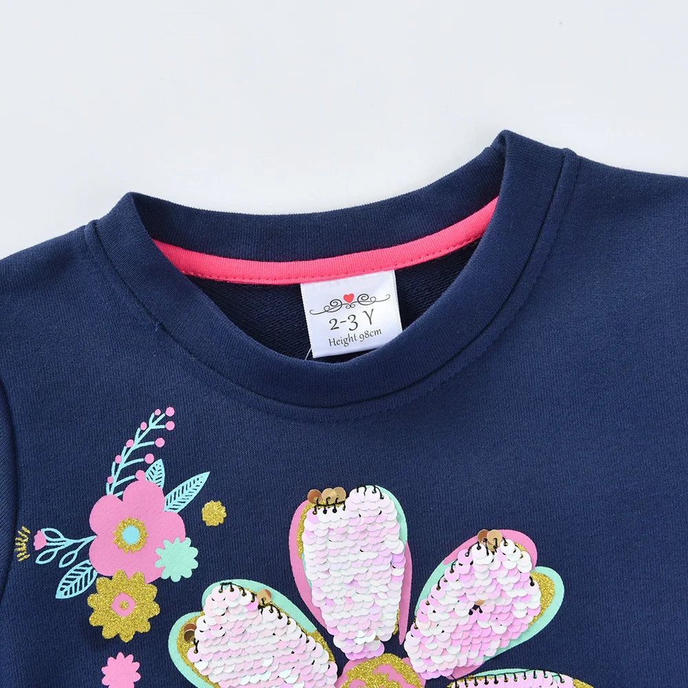 DXTON Autumn Winter Girls Clothing Flower Sequined Long Sleeve Children Sweater Dresses Mesh Patchwork Princess Cotton Dresses