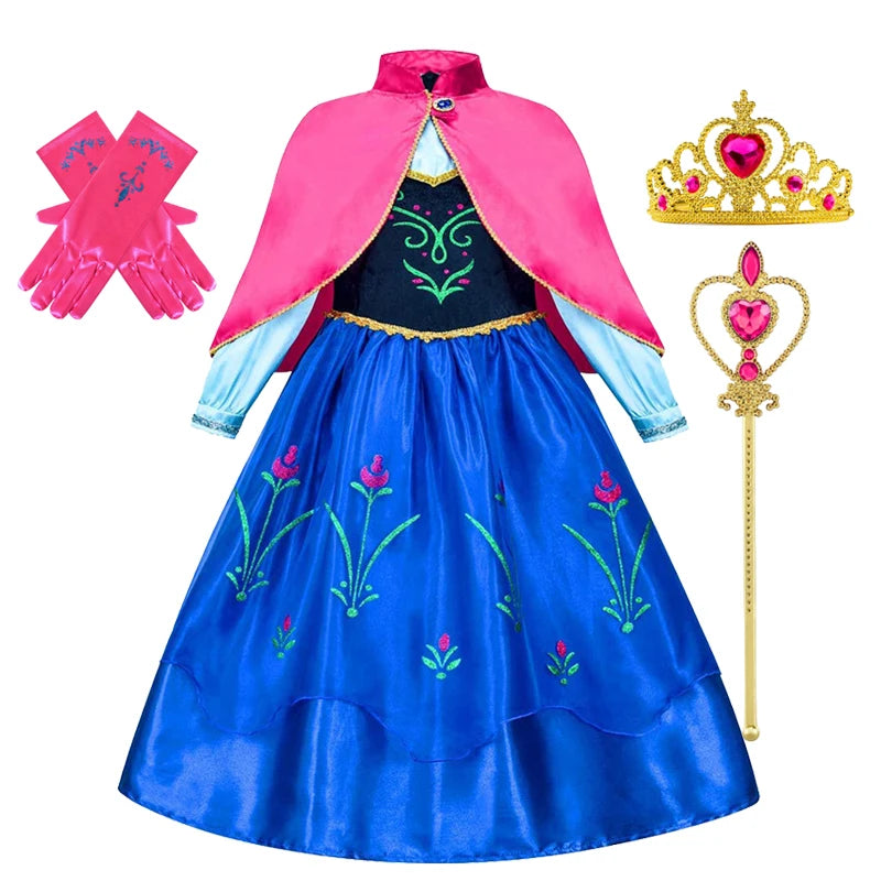 Frozen Anna Princess Girl Dress Halloween Cosplay 2025 Disney Party Costume Snow Queen Princess Clothes Children Outfit 2-10 Y