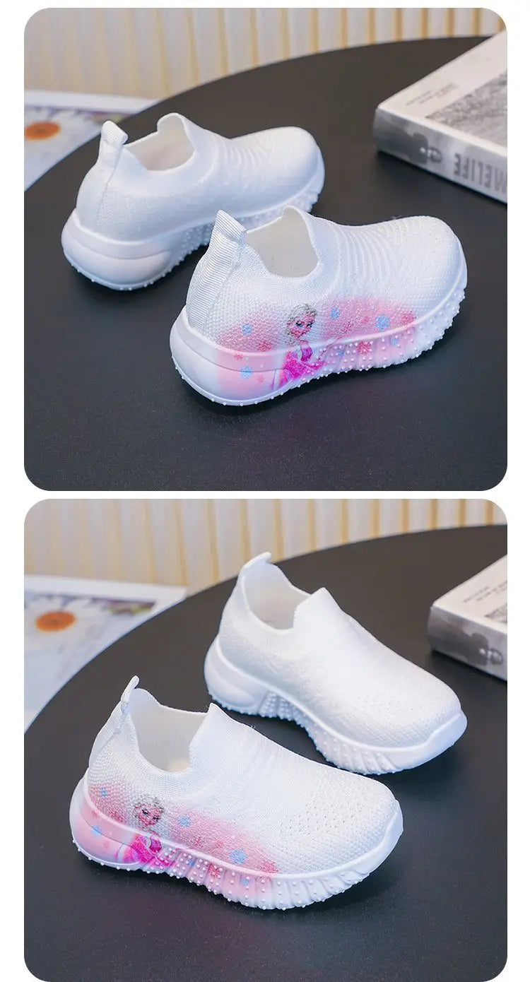 Disney Solid White Fashion Knitting Frozen Princess Elsa Children Casual Shoes Kids' Light Breathable Stretch Socks Sneakers Siz