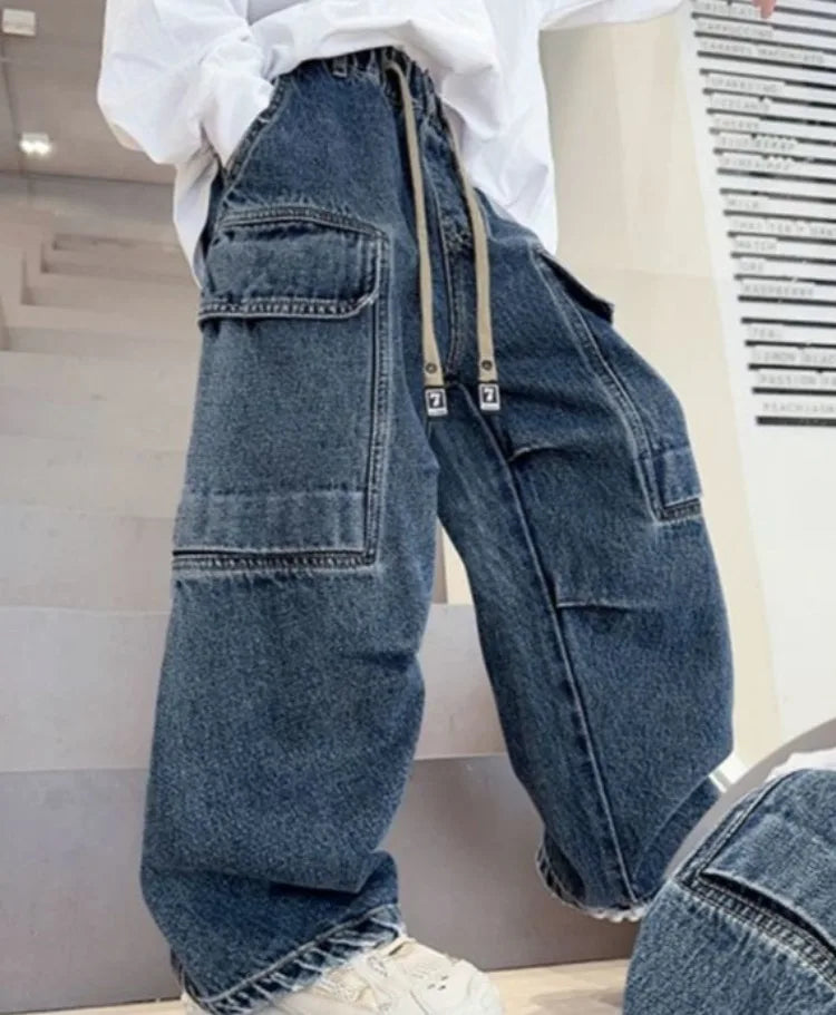 2025 New Boys Cargo Jeans Straight Wide Leg Spring Autumn Toddler Boys Big Boys Spring Fashion Jeans
