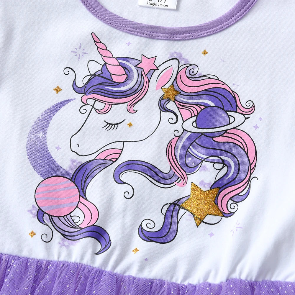 VIKITA Summer Kids Dresses Flying Sleeve Unicorn Children Dress Cartoon Print Tutu Girls Dress  Baby Irregular Party Clothing