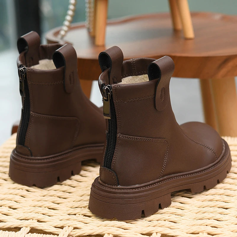 Girls' short boots, genuine leather, children's cotton boots, soft soled leather boots, children's shoes, 2025 autumn and winter