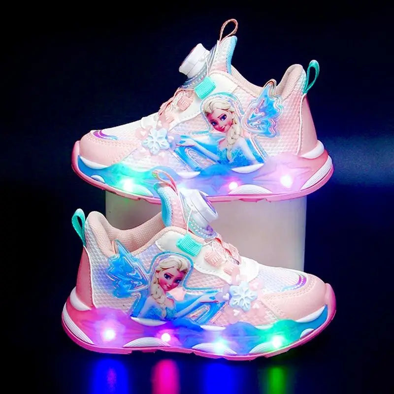 Disney LED Casual Sneakers Spring Girls Frozen Elsa Princess PU Leather Shoes Children Lighted Non-slip Pink Size 23-35