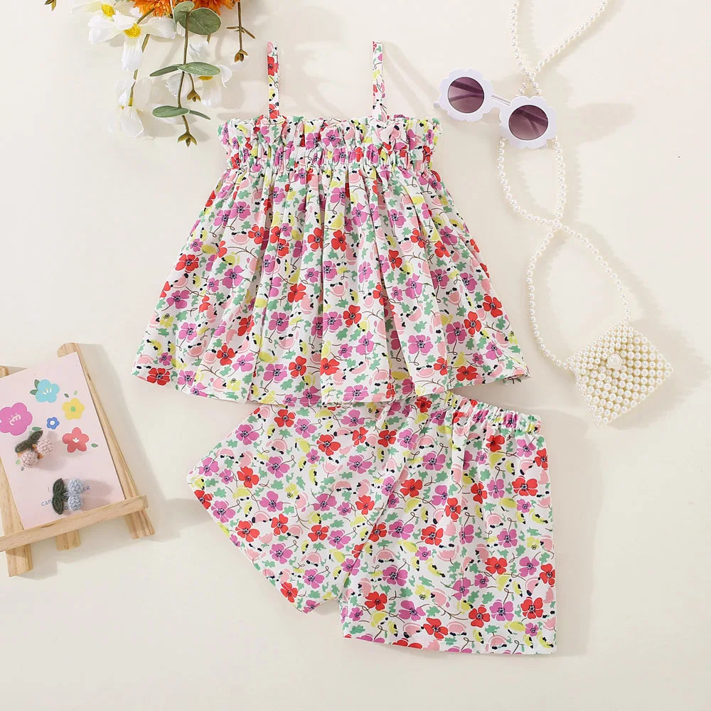 Summer New Floral Suspender Baby Girl Two-Piece Set, Beach Party Children'S Clothing Suitable For Babies Aged 9 Months - 3 Years