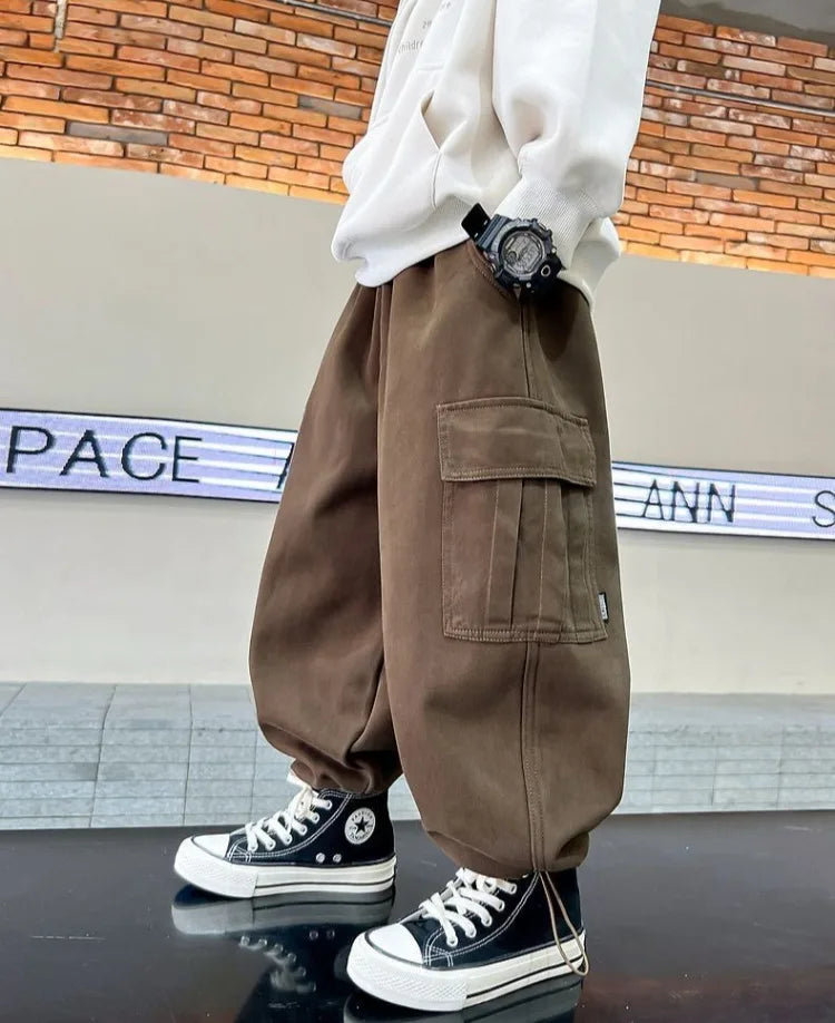Boy's Loose Fit Tactical Cargo Pants 2025 Spring Autumn Lightweight Breathable Casual Wear with Multi-Pockets