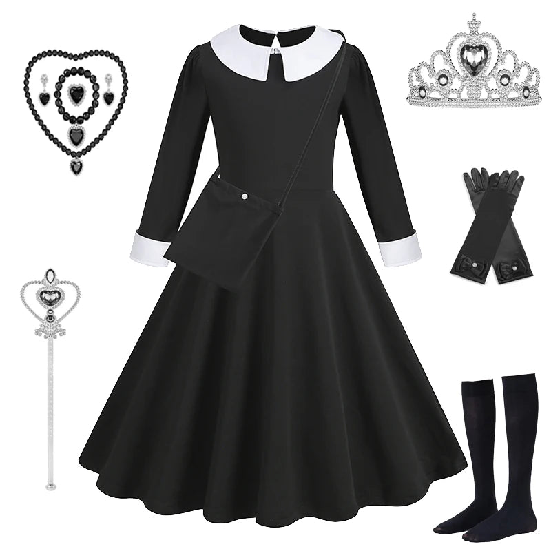 Girls Wednesday Black Gown Vestidos Halloween Addams Cosplay Toddler Youth Gothic Party Dress Kids Carnival Party Kid Vestidos