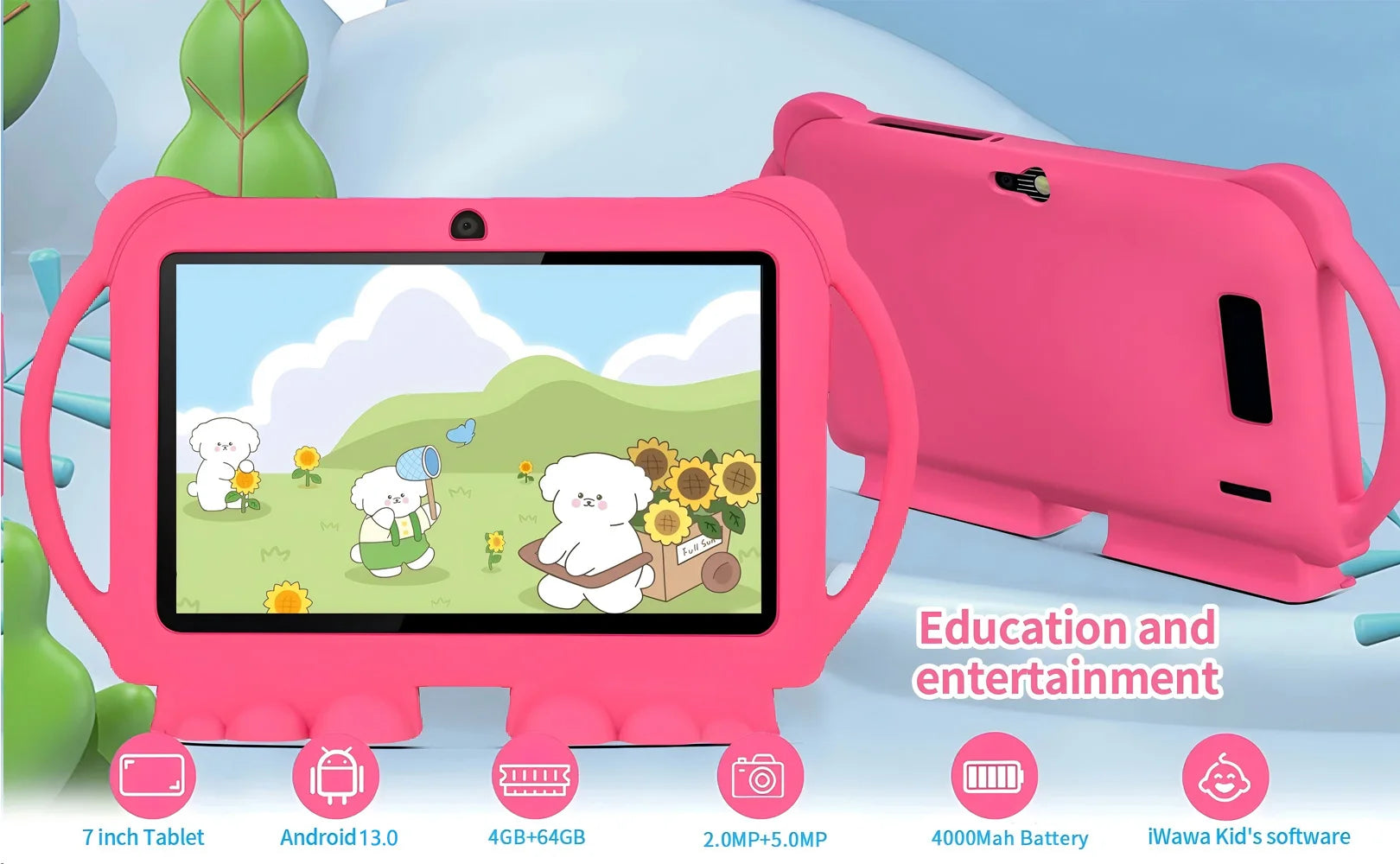 New 5G WIFI 7-inch Children's Tablet 4GB+64GB ROM Mini Pad Quad Core Dual Cameras Kids-Proof protective Case Tablets Android 13