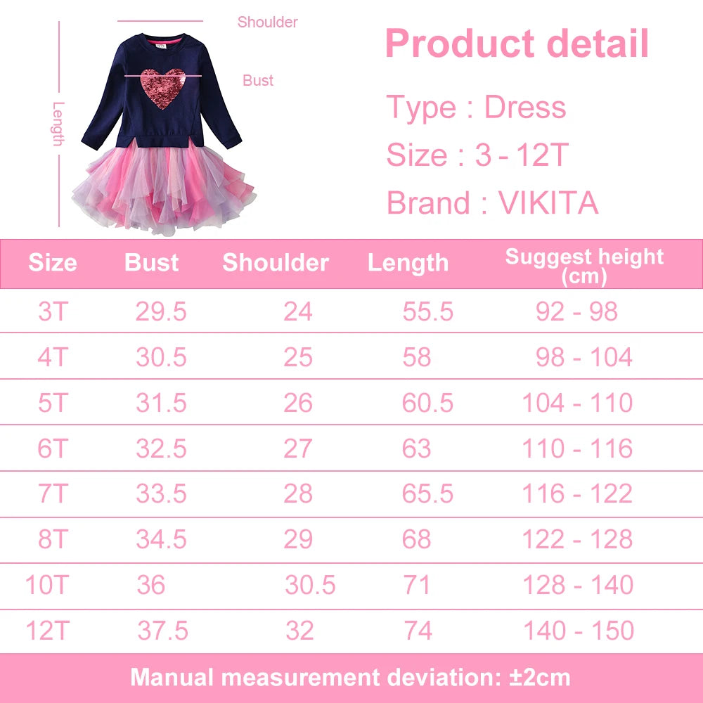 VIKITA Girls Heart Sequined Dress Kids Sweatshirt Dresses Children Long Sleeve Autumn Winter Birthday Party Princess Costumes