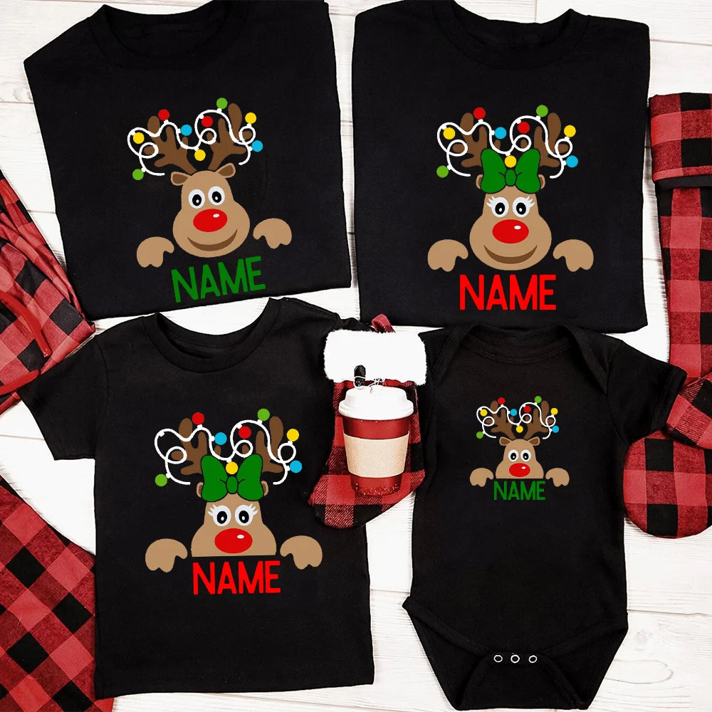 Reindeer Family Christmas Shirt Personalized Christmas Family Shirts Custom Dad Mom Kid & Baby Name Tee Xmas Gift Clothes