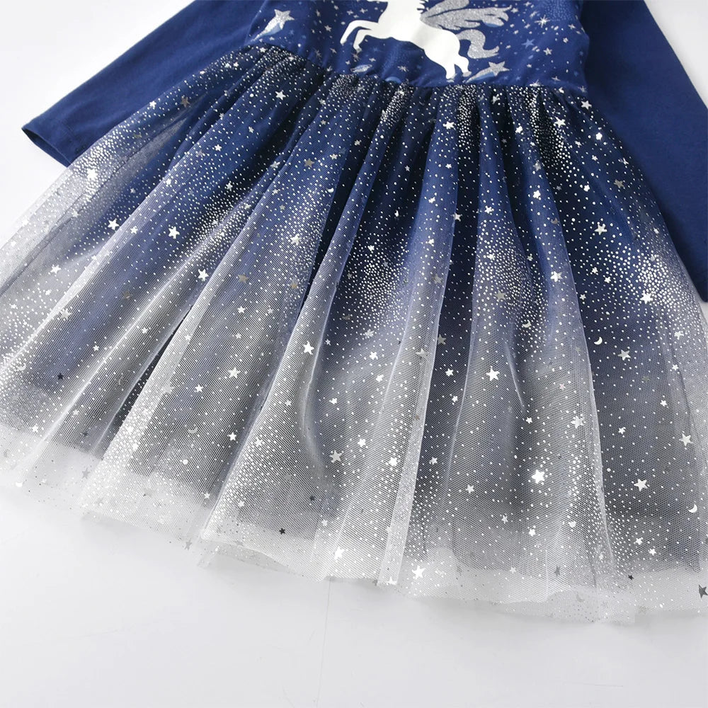 Girls Navy Blue Starry Glitter Elegant Tutu Dress Toddlers Kids Silver Unicorn Ruffled Shoulders Fantasy Party Princess Vestidos