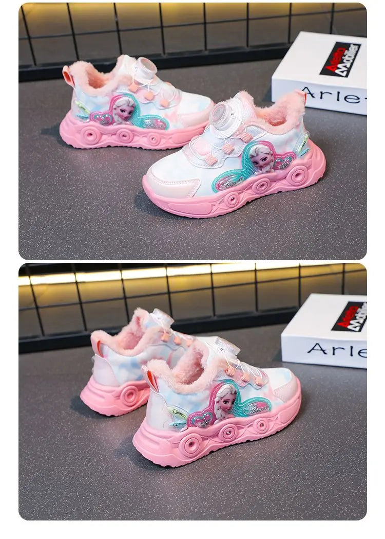 Disney LED Casual Sneakers Pink Purple For Summer Girls Frozen Elsa Princess Print Outdoor Shoes Children Lighted Non-slip Shoes