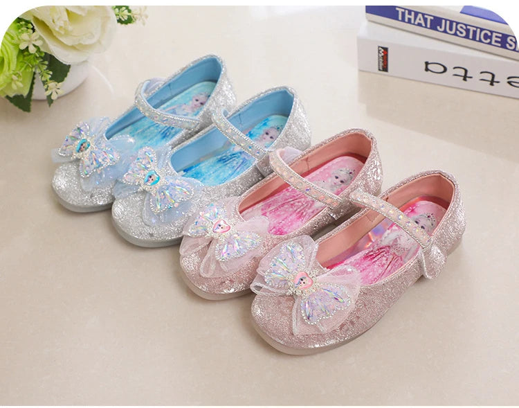 Kids'Casual Shoes Elsa Princess Frozen PU Leather Crystal Bow Spring Shoes For Girls Anti-slip Pink Blue Shoes Size 26-36