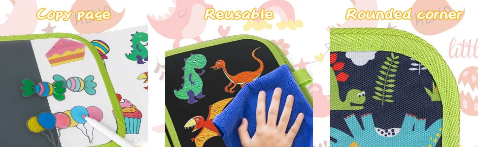 Green Dinosaur Erasable Book Doodle Set Magic Drawing Book Reusable Drawing Book 12 Watercolor Pens 14 Page Drawing for Kids