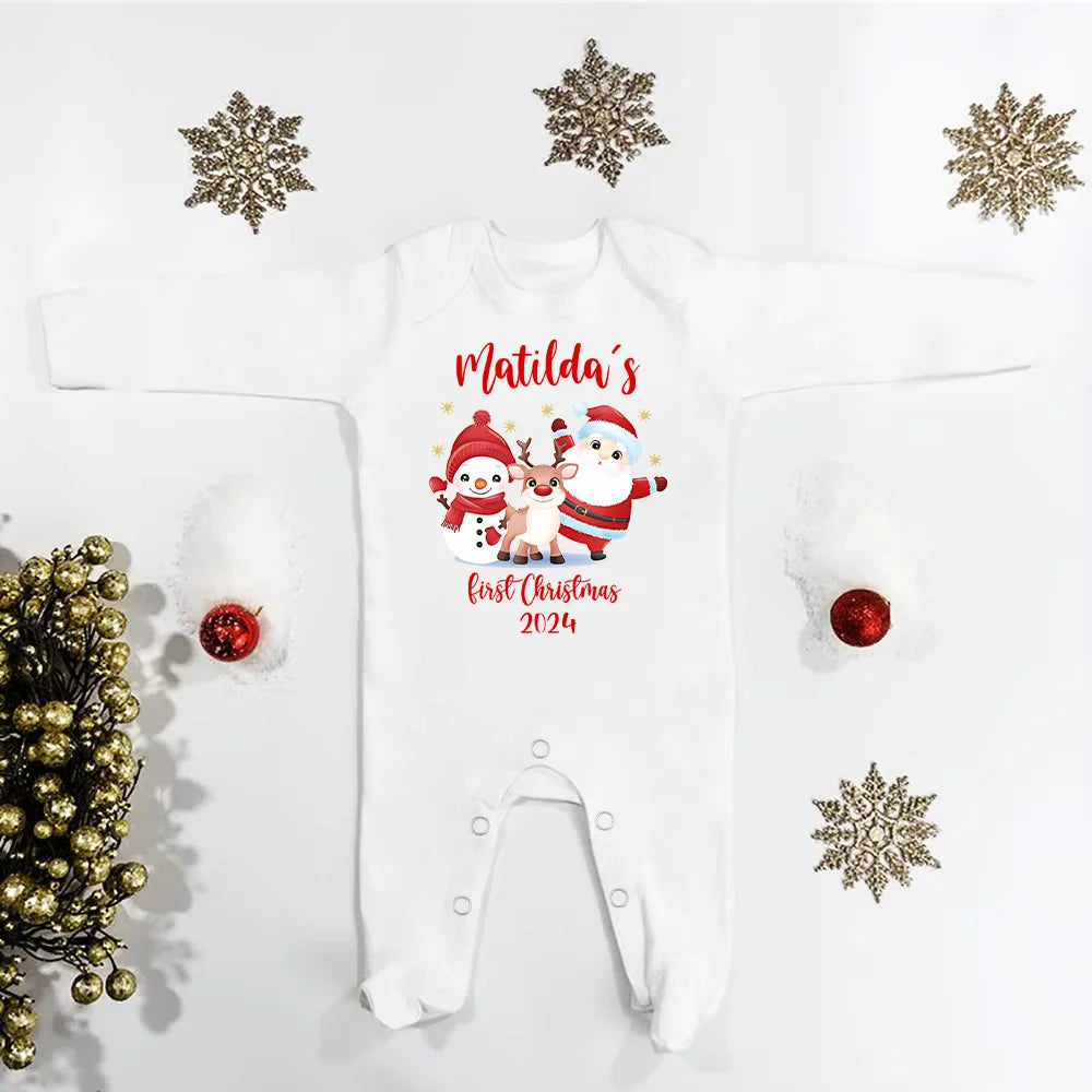 Personalised Baby's First Christmas Clothing Custom Name Baby Long Sleeve Romper Christmas Costume Baby's 1st Christmas Footies