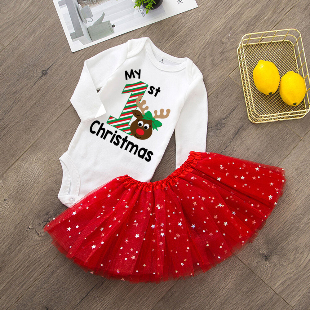 My 1St Christmas Baby Bodysuit Cake Dresses Set Infant Girls Long Sleeve Playsuit Tutu Skirts Clothes Toddler Xmas Party Outfits