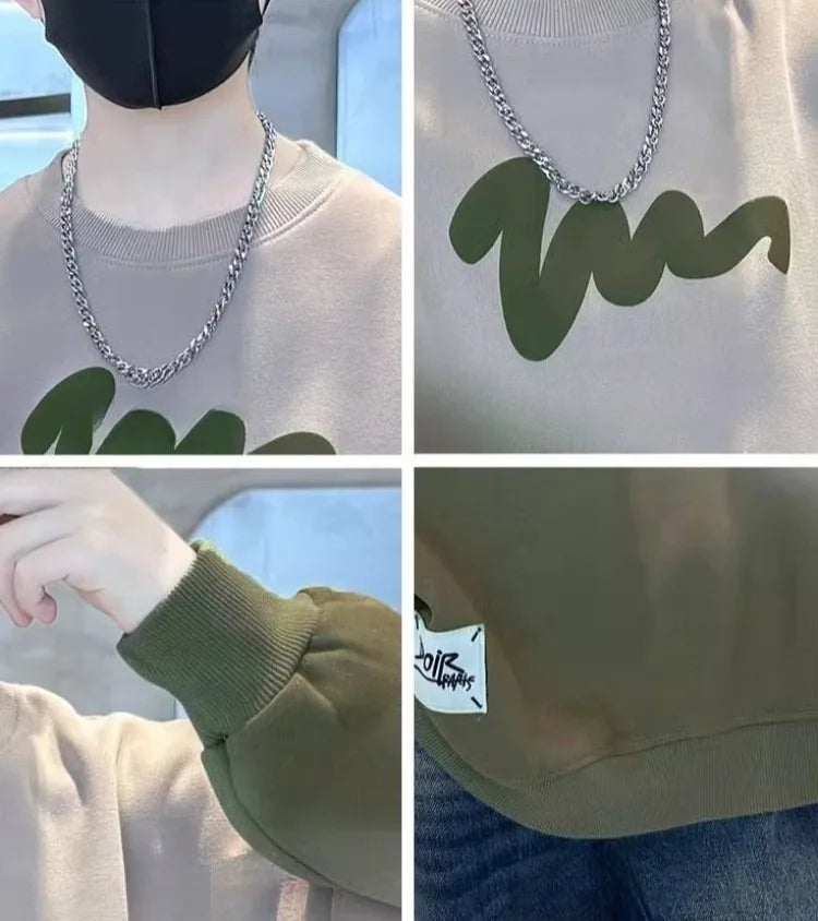 Boys' Medium-Large 2025 Autumn/Winter Trendy Fleece-Lined & Thickened Warm Loose Fit No Hood Sweatshirt