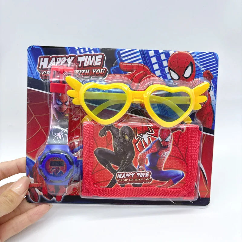 Fashion 3ps Unicorn Hello Kitty Girls Watch Kids with Wallet Glasses Cartoon Spiderman Watch Children Clock Toys set