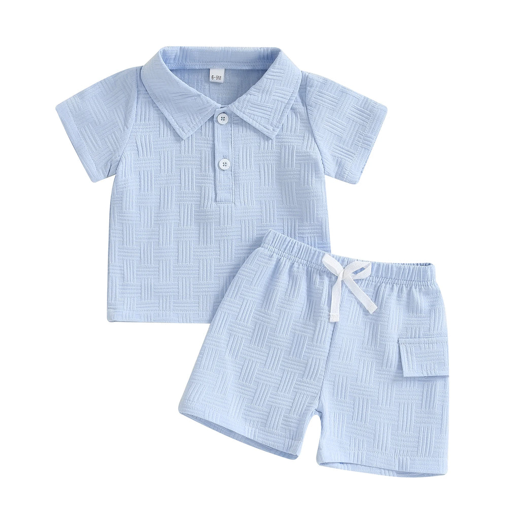 Boys Stylish Jacquard Collared Shirt and Elastic Waist Shorts Set for Summer - 2-Piece Toddler Outfit with Short Sleeves