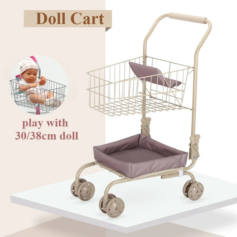 Girls Toy Shopping Cart with Sturdy Metal Frame Foldable Doll Trolley with Storage Basket Pretend Play Gifts for Kids Toddler