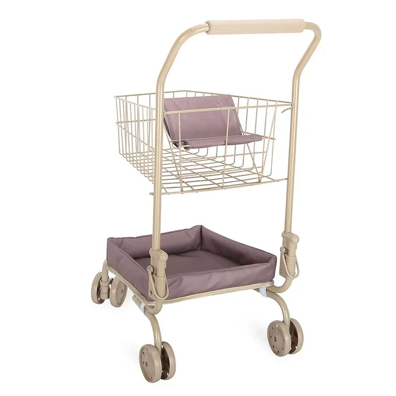Girls Toy Shopping Cart with Sturdy Metal Frame Foldable Doll Trolley with Storage Basket Pretend Play Gifts for Kids Toddler