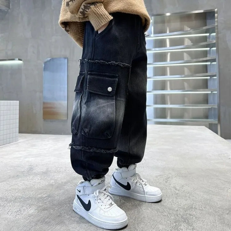 2025 Boys' Cargo Pants All-Season Washed Tie-Dye Denim Long Pants Trendy Casual Style