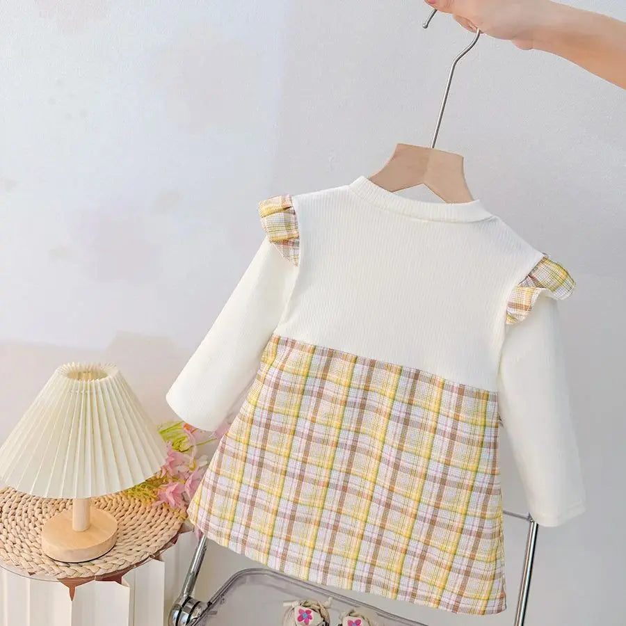 Small Plaid Baby Girl Dress, Spring And Autumn New Cartoon Rabbit Children'S Long Sleeved Clothes (9 Months -3 Years Old)