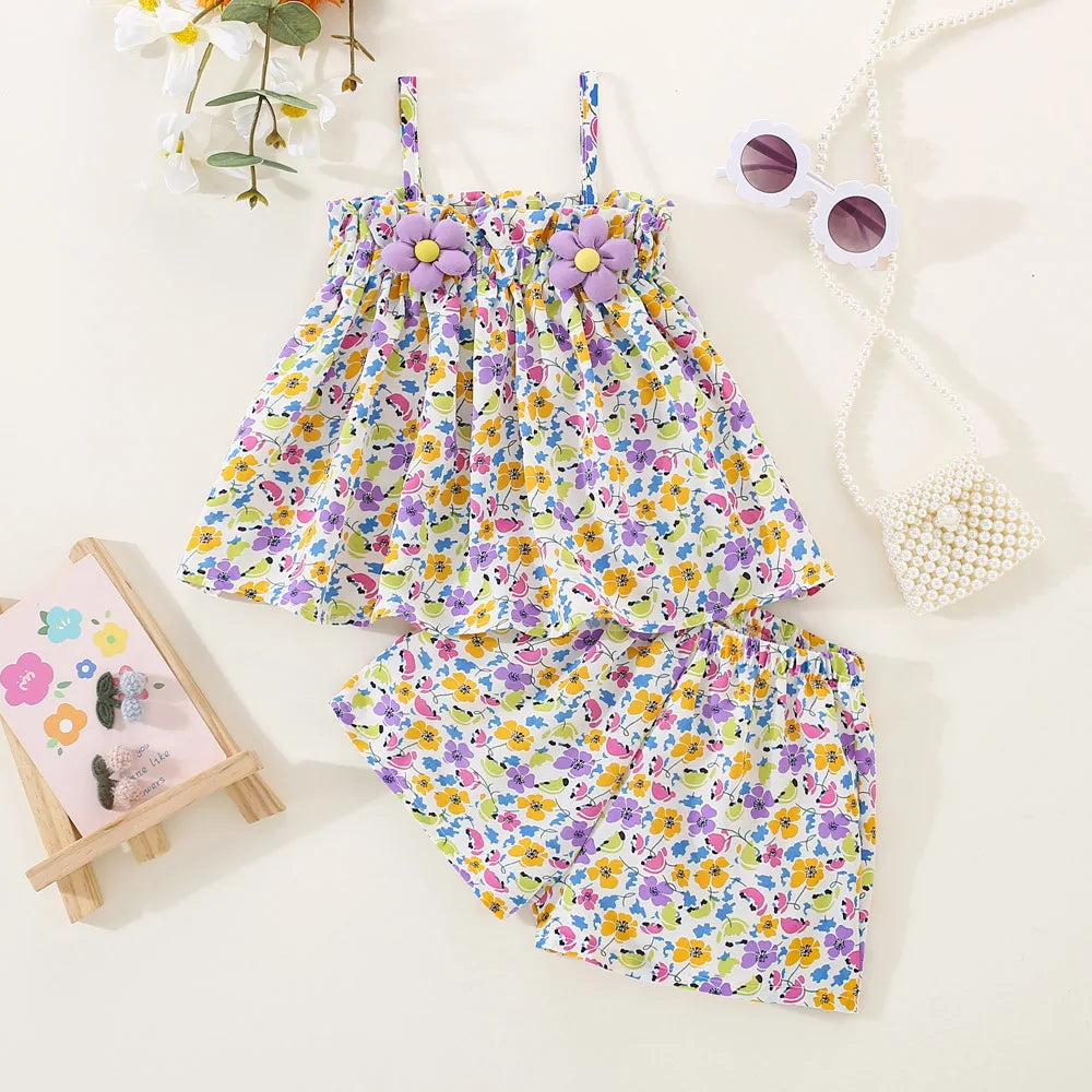 Summer New Floral Suspender Baby Girl Two-Piece Set, Beach Party Children'S Clothing Suitable For Babies Aged 9 Months - 3 Years