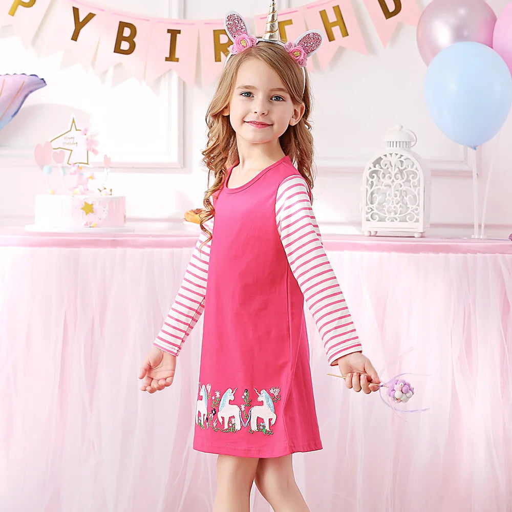 VIKITA Teenagers Straight Dress Kids Cotton Casual Daily School Vestidos Kids Fashion Cute Striped Unicorn Appliqued Pink Dress