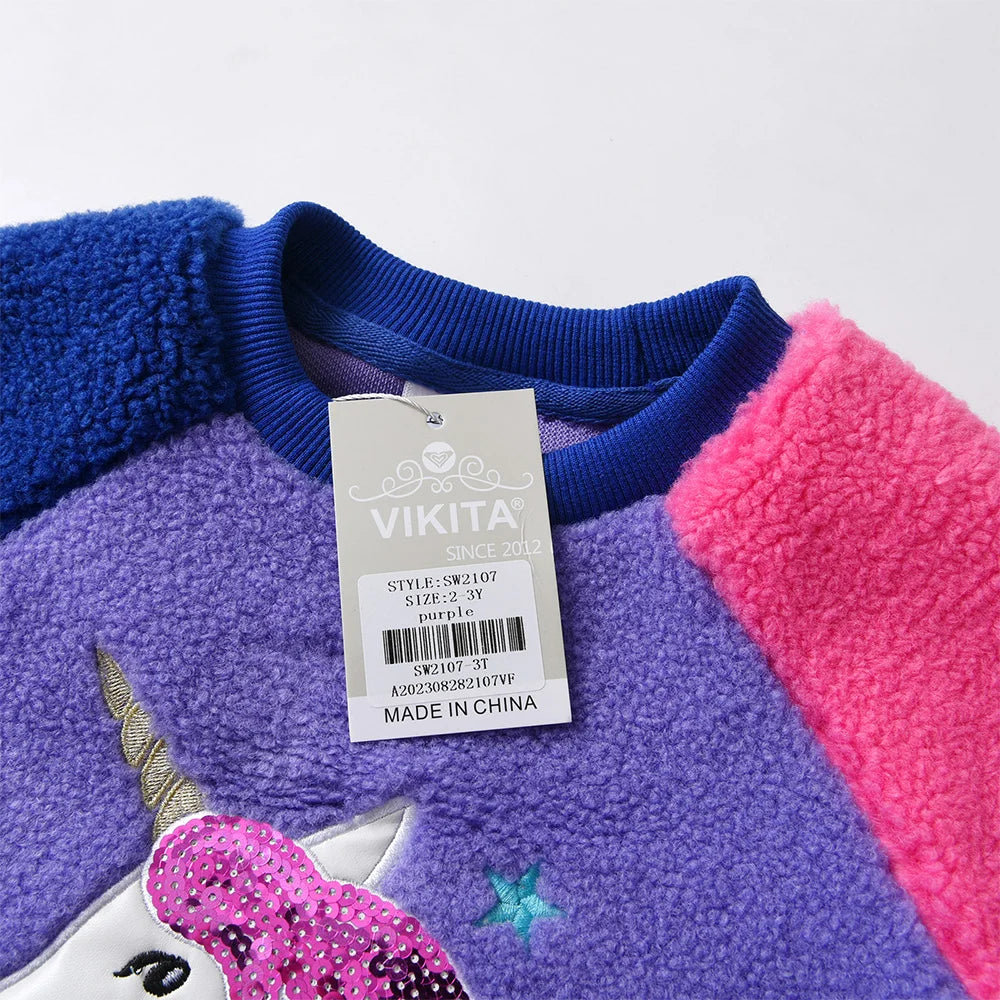 VIKITA Kids Fleece Thick Sweatshirt Girls Unicorn Sequined Cartoon Pullover Outerwear Kids Autumn Winter Warm Sports Sweatshirts