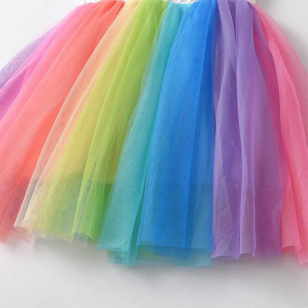 VIKITA Girls Licorne Heart Shape Flower Print Cartoon Dress Kids Rainbow Colorful Gradient Princess Party Tutu Long SleeveDress