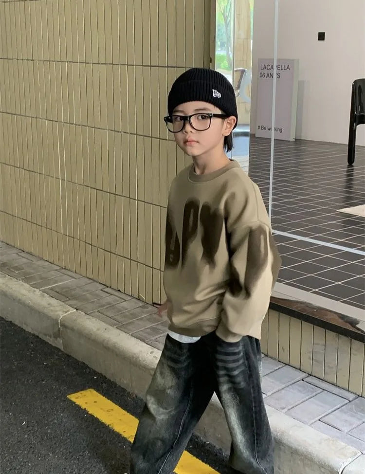 Boys' Medium To Large 2025 New Arrival No Hood Crewneck Spring/Autumn Trendy Street Style Kids Sweatshirt