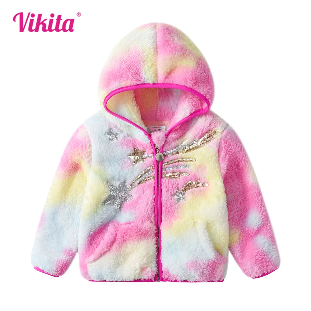 VIKITA Girl Autumn Spring Clothes Children Fleece Jacket Kids Star Sequined Wool Sweater Coat Jackets Children Clothing 3-12 Yrs