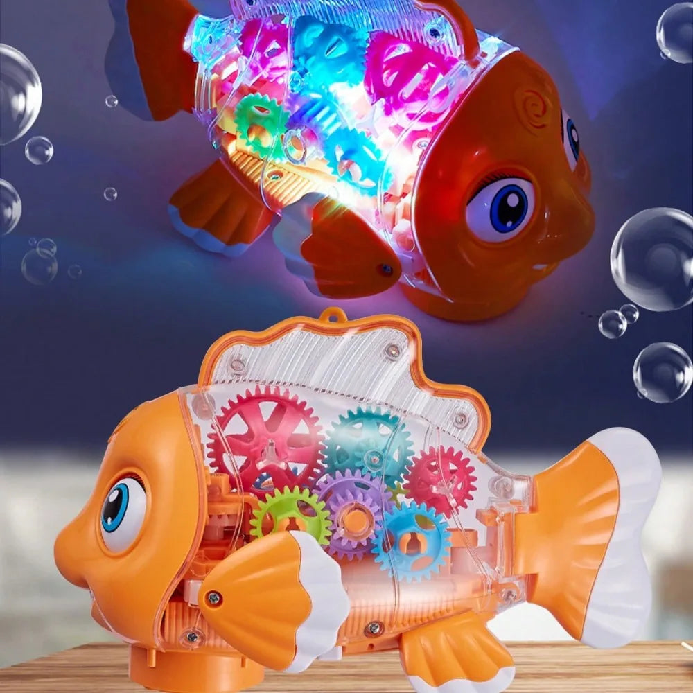 Transparent Electric Gear Gold Fish Toddler Toys with Music & Lights Bump & Go Educational STEM Toys for Babies Tummy Time Gifts