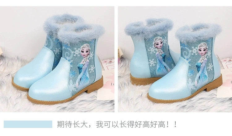 Disney Girls' Boots Winter Fashion Frozen Elsa Princess Children's Short Girls' Cotton Fur Ankle Boots Girls' Pink Shoes Size 25
