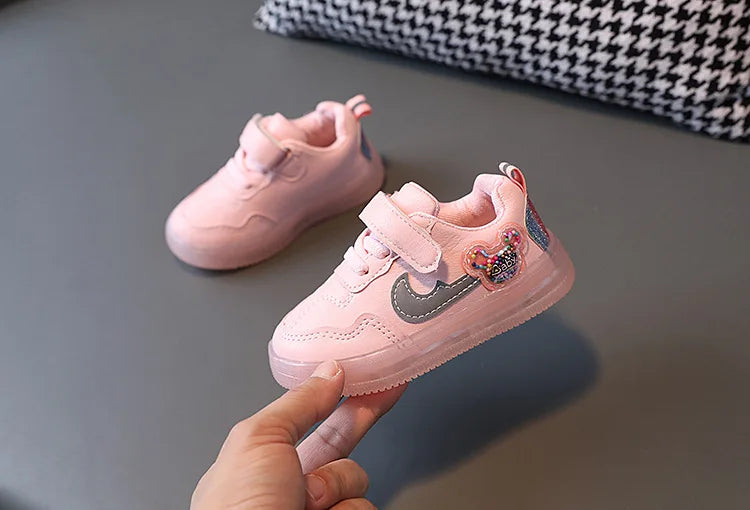 Kids'Casual Shoes Children Led Light Cartoon PU Leather Spring Anti-slip Soft Bottom Sneakers Black Pink Size 21-30