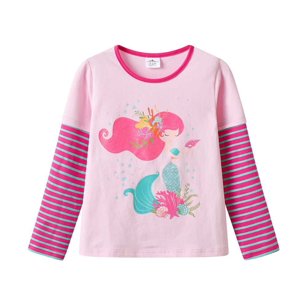 VIKITA 2025 New Children Clothes Kids Striped Pink Long Sleeve Tops Wear Girls Mermaid Print Daily Cotton Casual Cute Tees