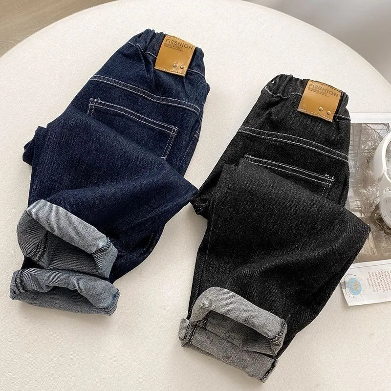 2025 New Boys' Fleece-Lined Jeans for Big Kids - Spring Autumn Autumn Long Pants Kids' Clothing